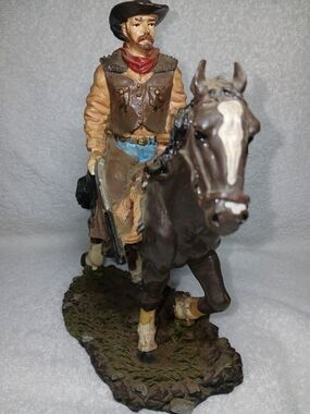 Hand-Painted Cowboy on Horse Figurine - Brown and Tan